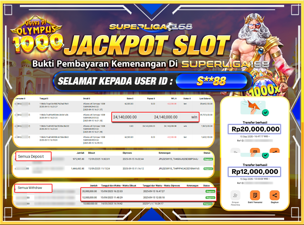 SUPERLIGA168 JACKPOT GATES OF OLYMPUS 1000 Rp.32,000,000-LUNASSS